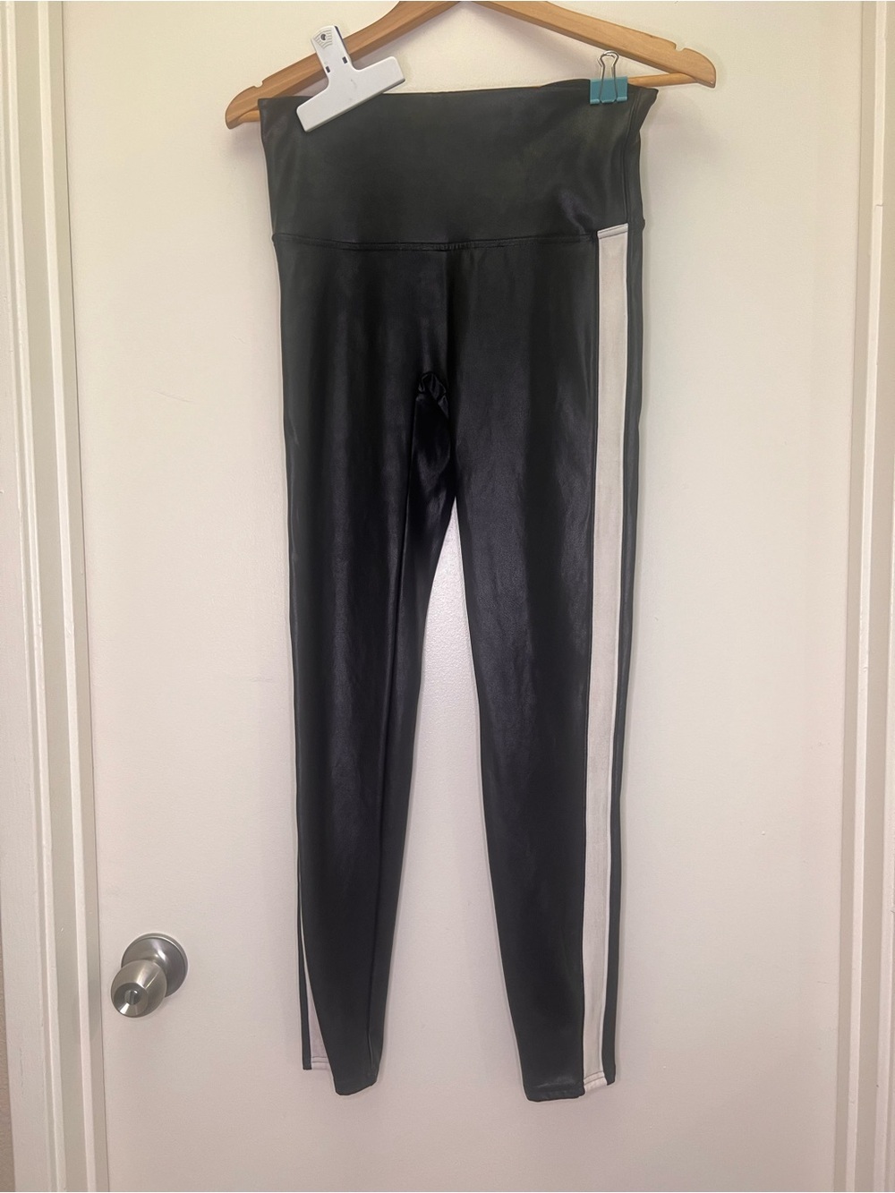 Spanx Faux Leather Leggings Black White Stripe High Rise Shaping Large
